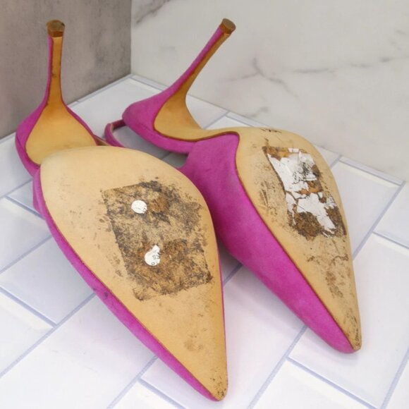 Manolo Blahnik Allura Pink Suede Slingback Pumps Pointed Toe Heels - Picture 14 of 14